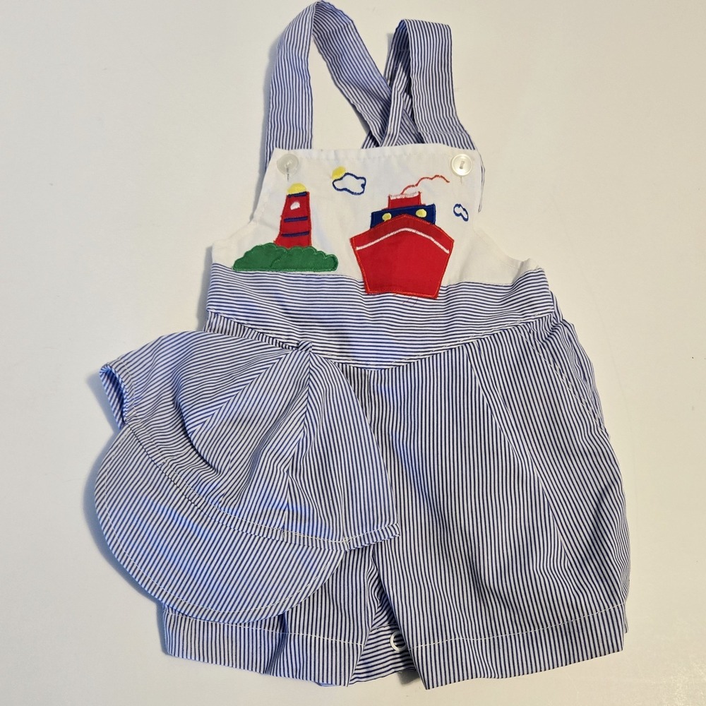 Vintage COLOR KIDS 12M Boy Sunsuit Hat Two-piece Ship Lighthouse Ocean Beach NWT